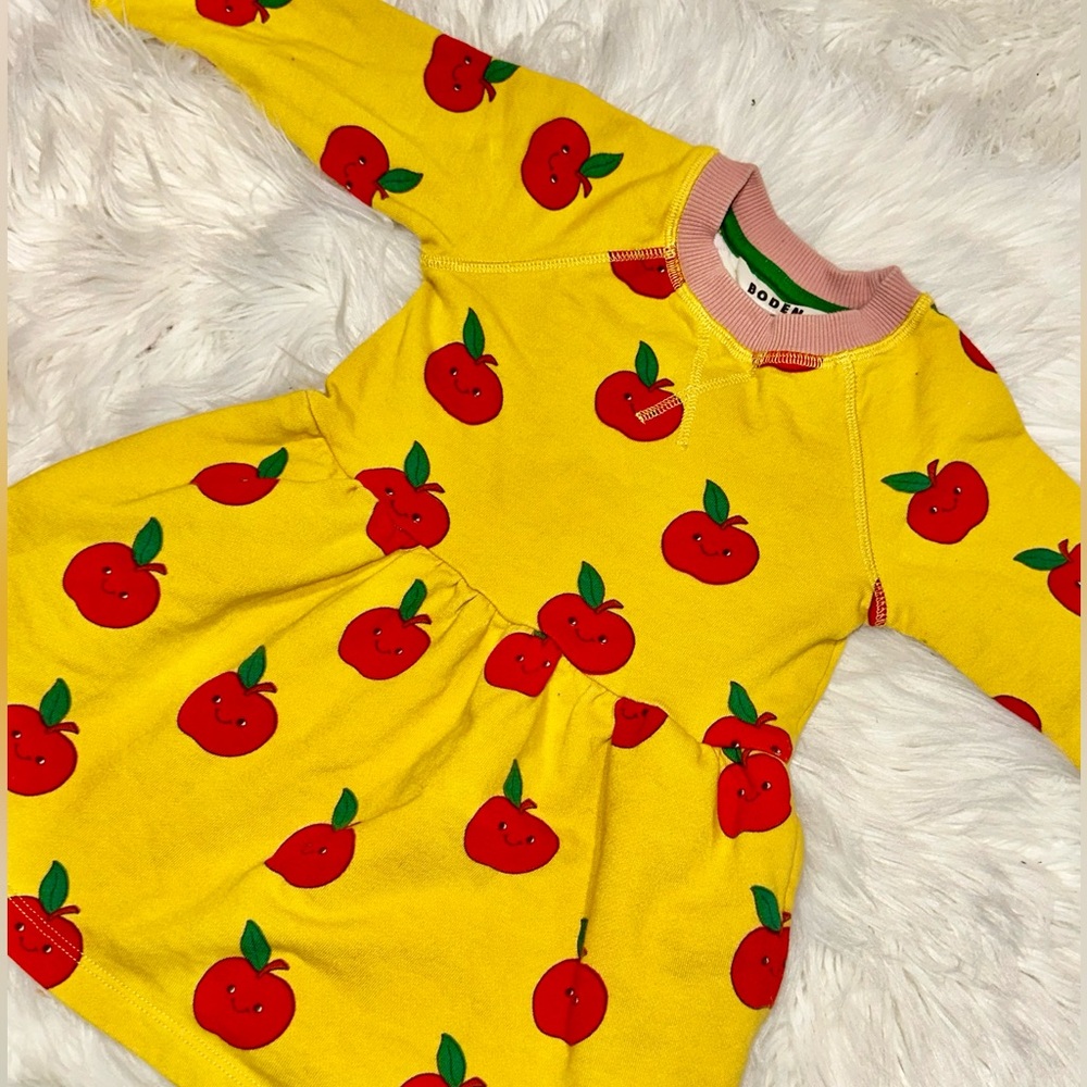 Mini Boden Yellow Red Apple Print Long Sleeve Dress 2-3Y - Picture 3 of 12